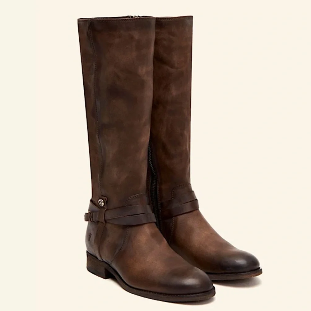 $398 Frye Melissa Belted Brown Fall Knee High Tall Genuine Leather Riding Boots